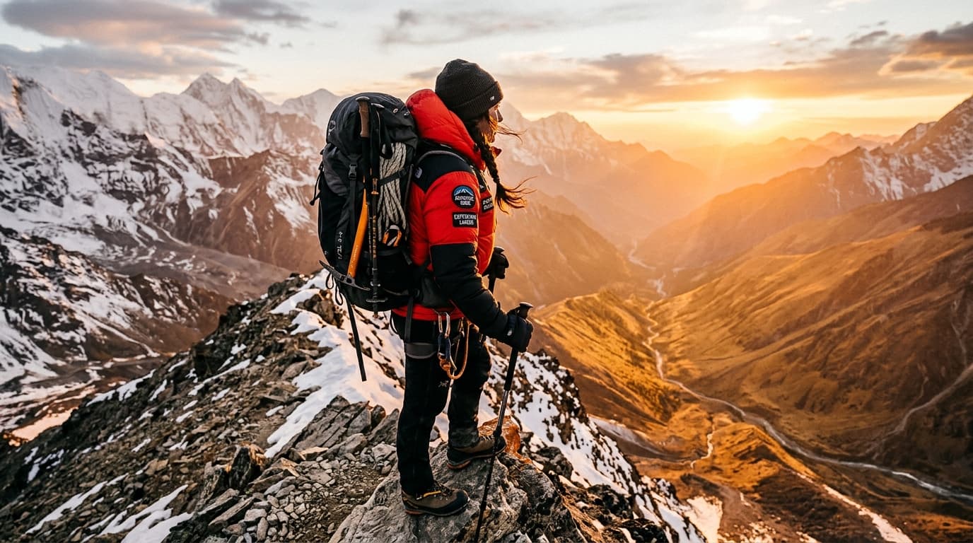 High altitude mountain guide looking over sunset ridge - XPLOREO