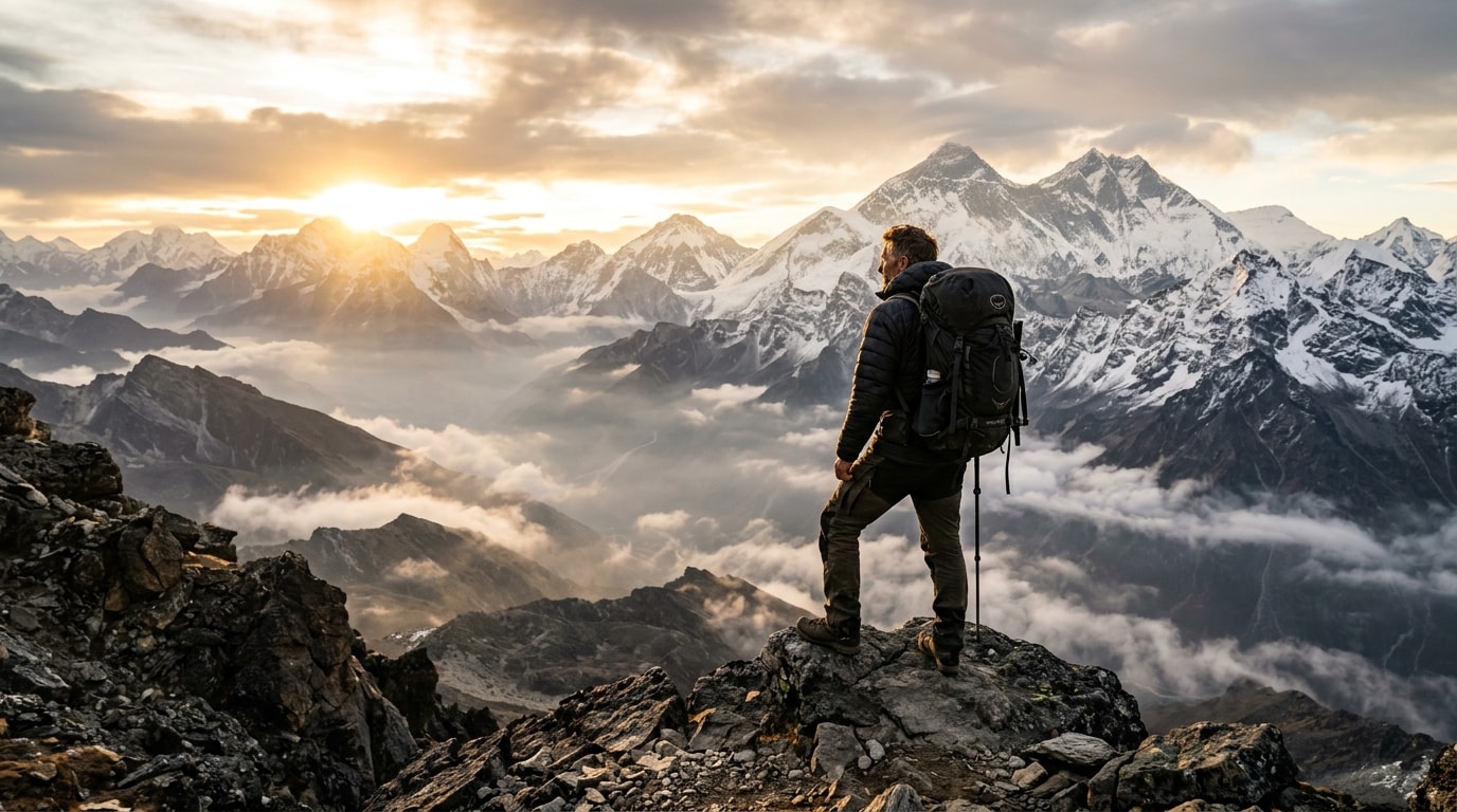 Majestic mountain peaks at sunrise with lone explorer - XPLOREO